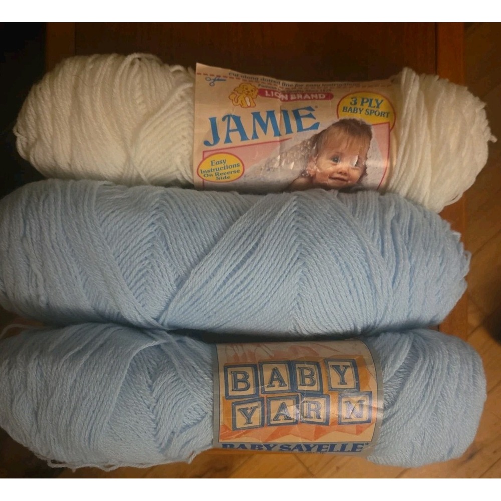 3 Skeins Vintage Baby Yarn -White Lion Brand and Caron Blue Baby Sayelle